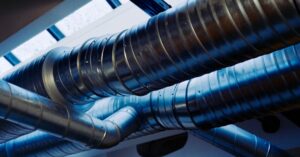 Close-up of a modern metallic ventilation system in an industrial setting.